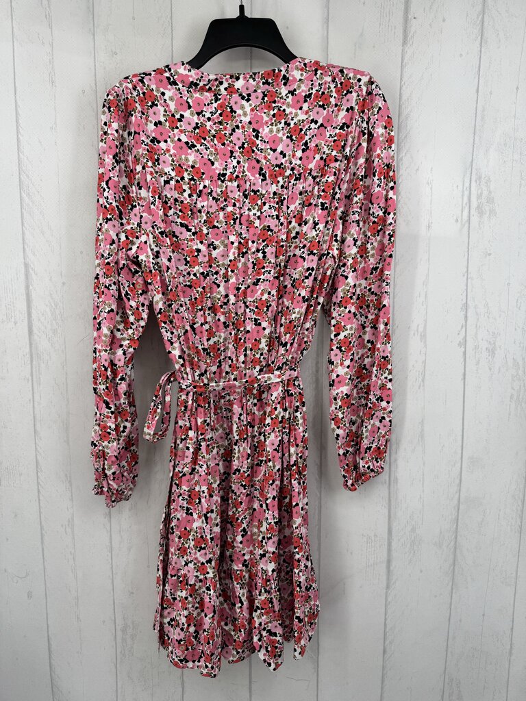 L l/s flower print v-neck dress w/ belt