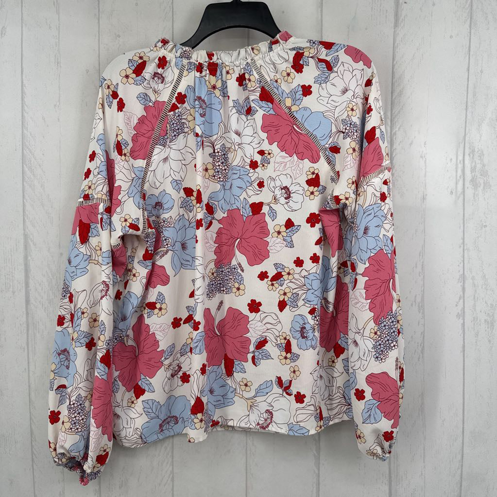 S flo print tie front l/s top