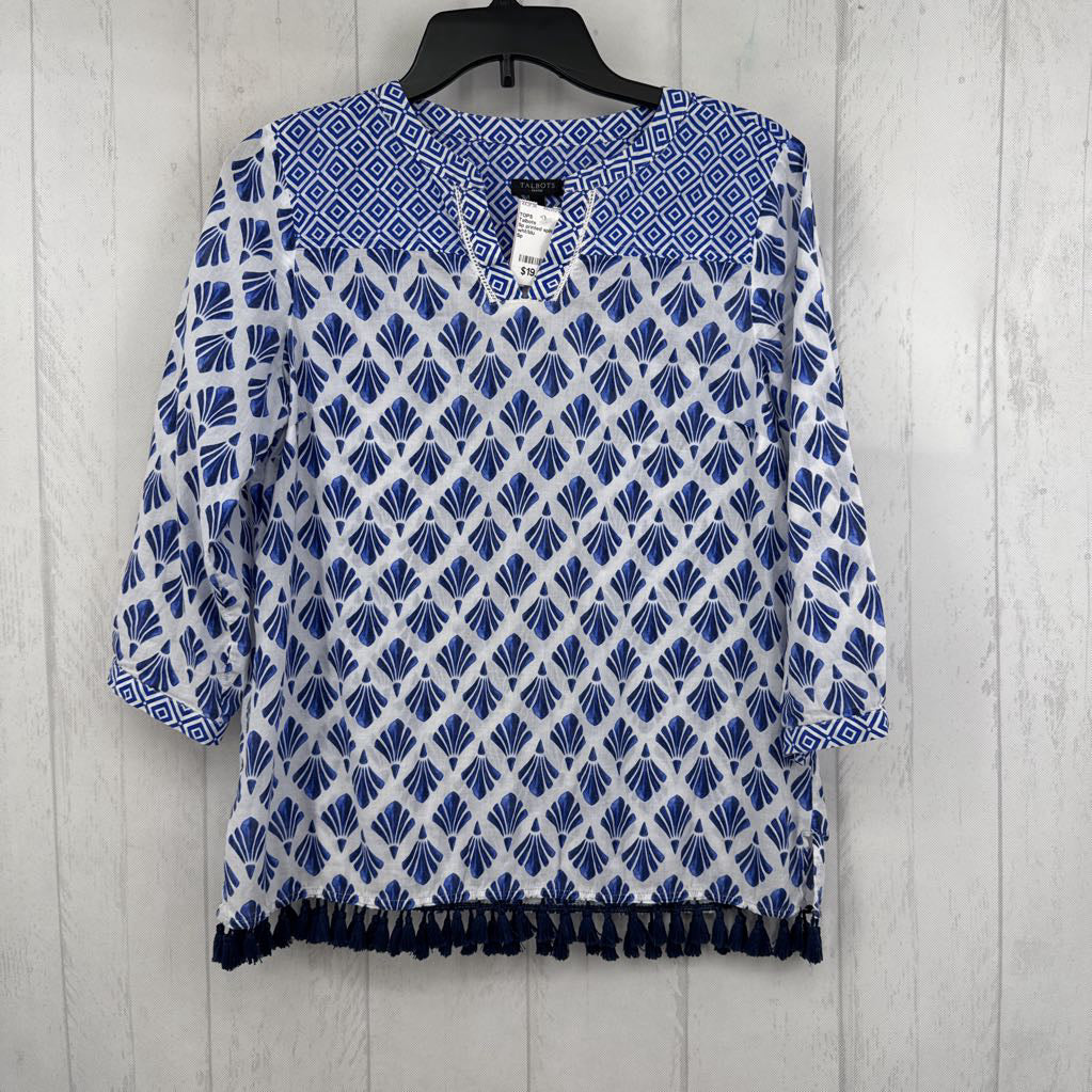 Sp printed split neck tassle hem 3/4 slv top