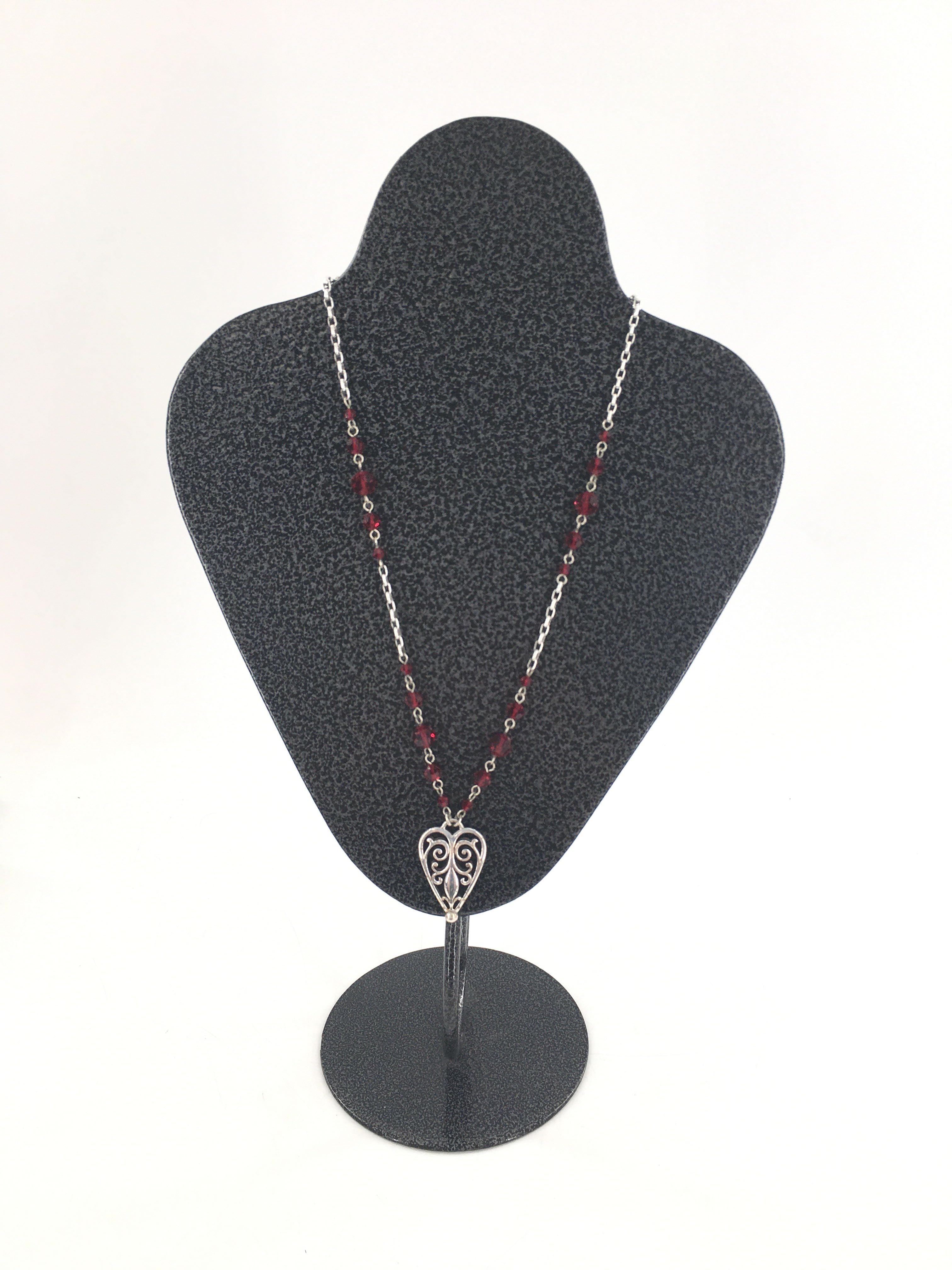 12" silver red beaded heart pendant necklace
