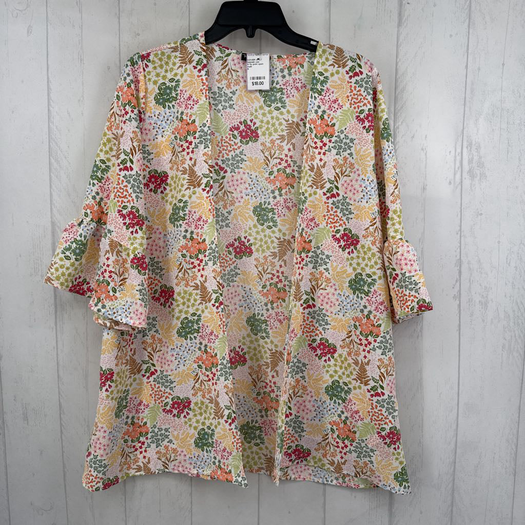 S flo print open front ruffle slv cover-up