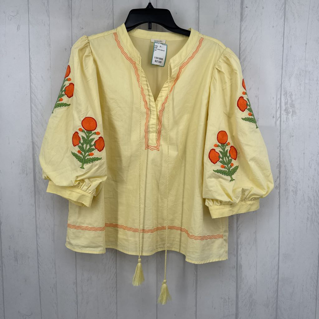 L flo embroidered split neck tassel tie 3/4 slv top