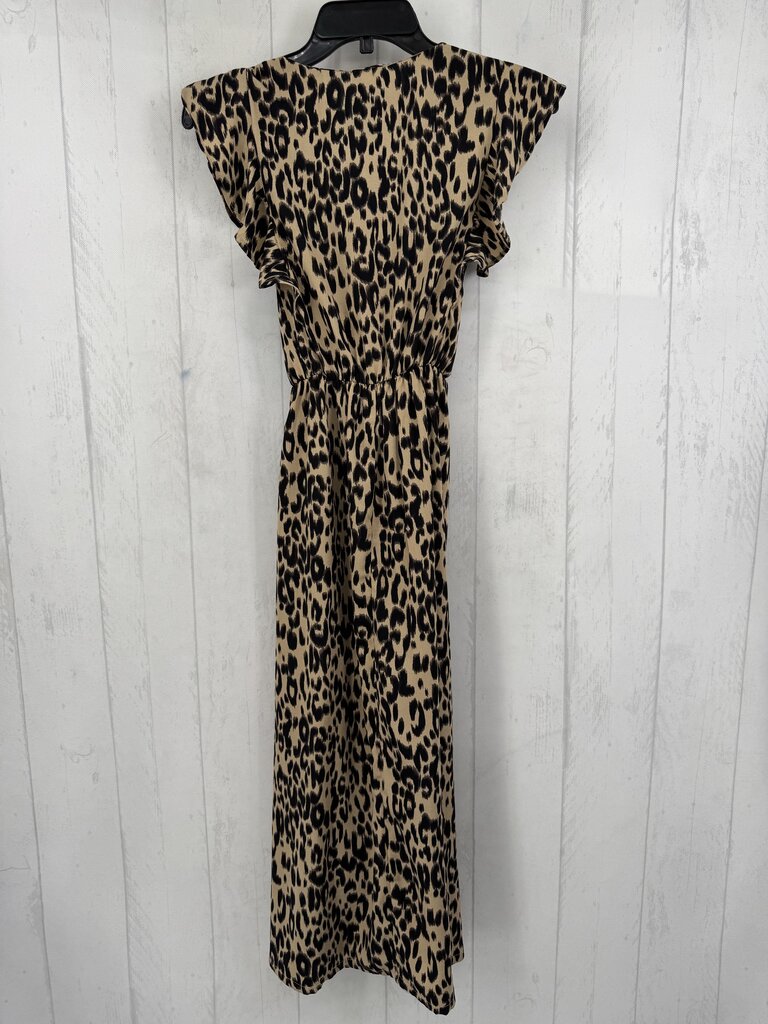 XS animal print button down belted flutter slv dress