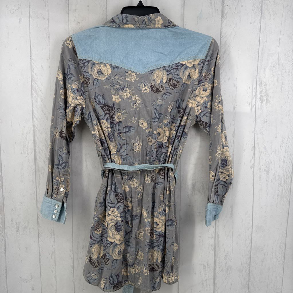 M floral & denim button down l/s belted dress