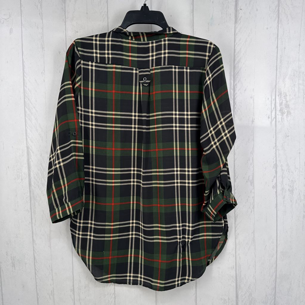M plaid quarter button down 3/4 slv top