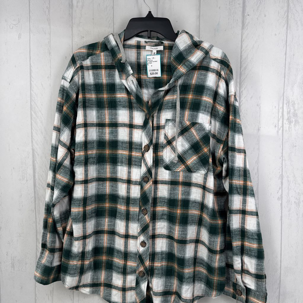 XL plaid hooded button down l/s top