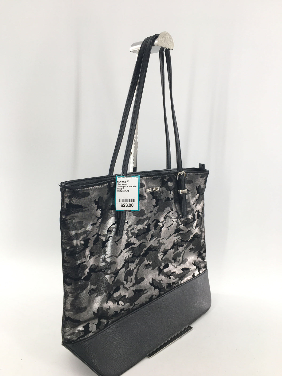camo print metallic top zip tote