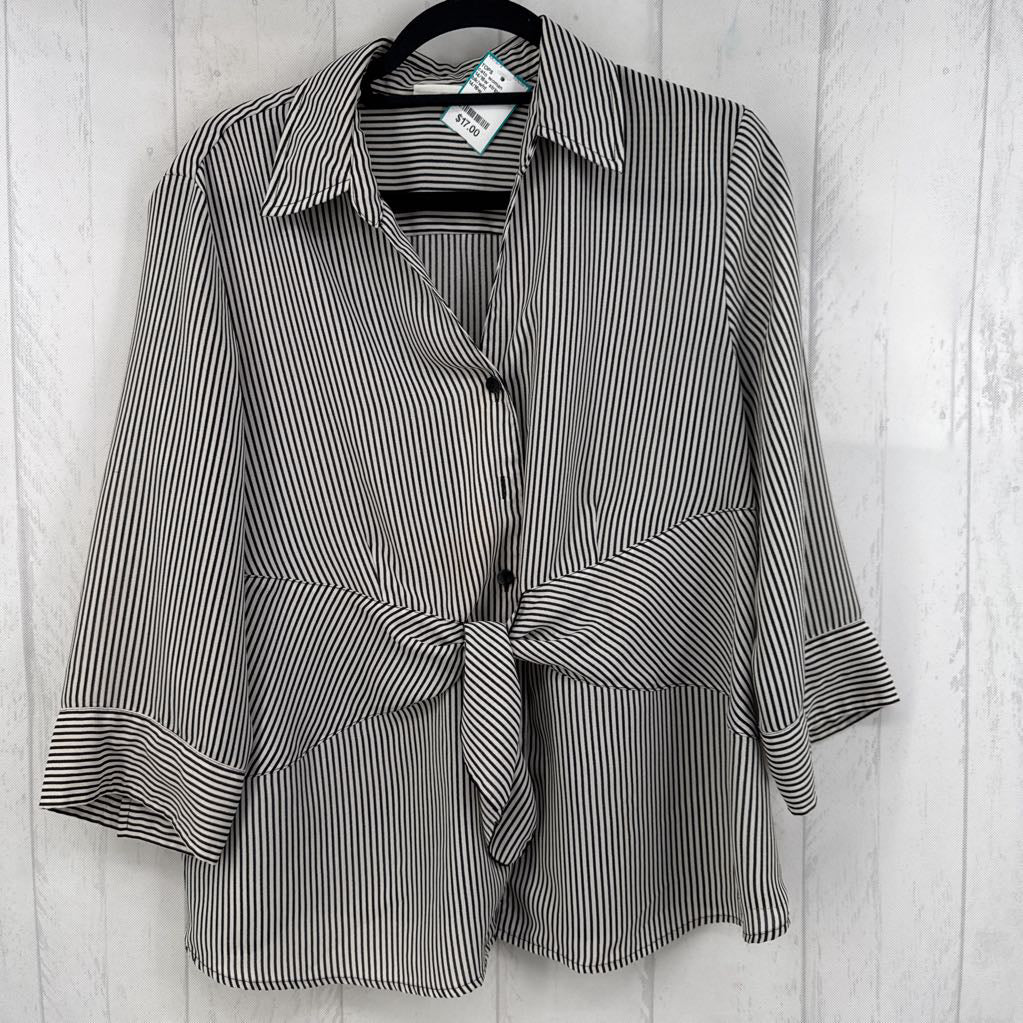 14/16w striped button down tie front 3/4 slv top