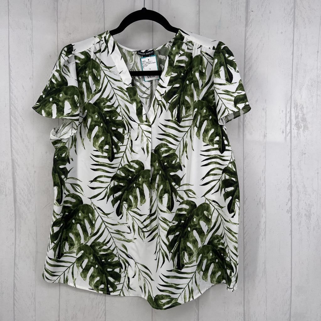 XL leaf print v-neck s/s top