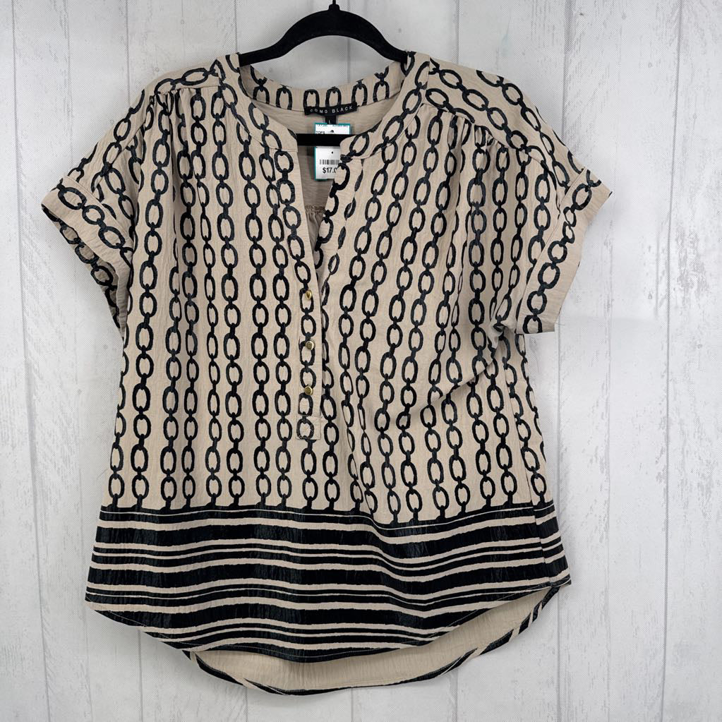 L mixed print 1/2 button down s/s top