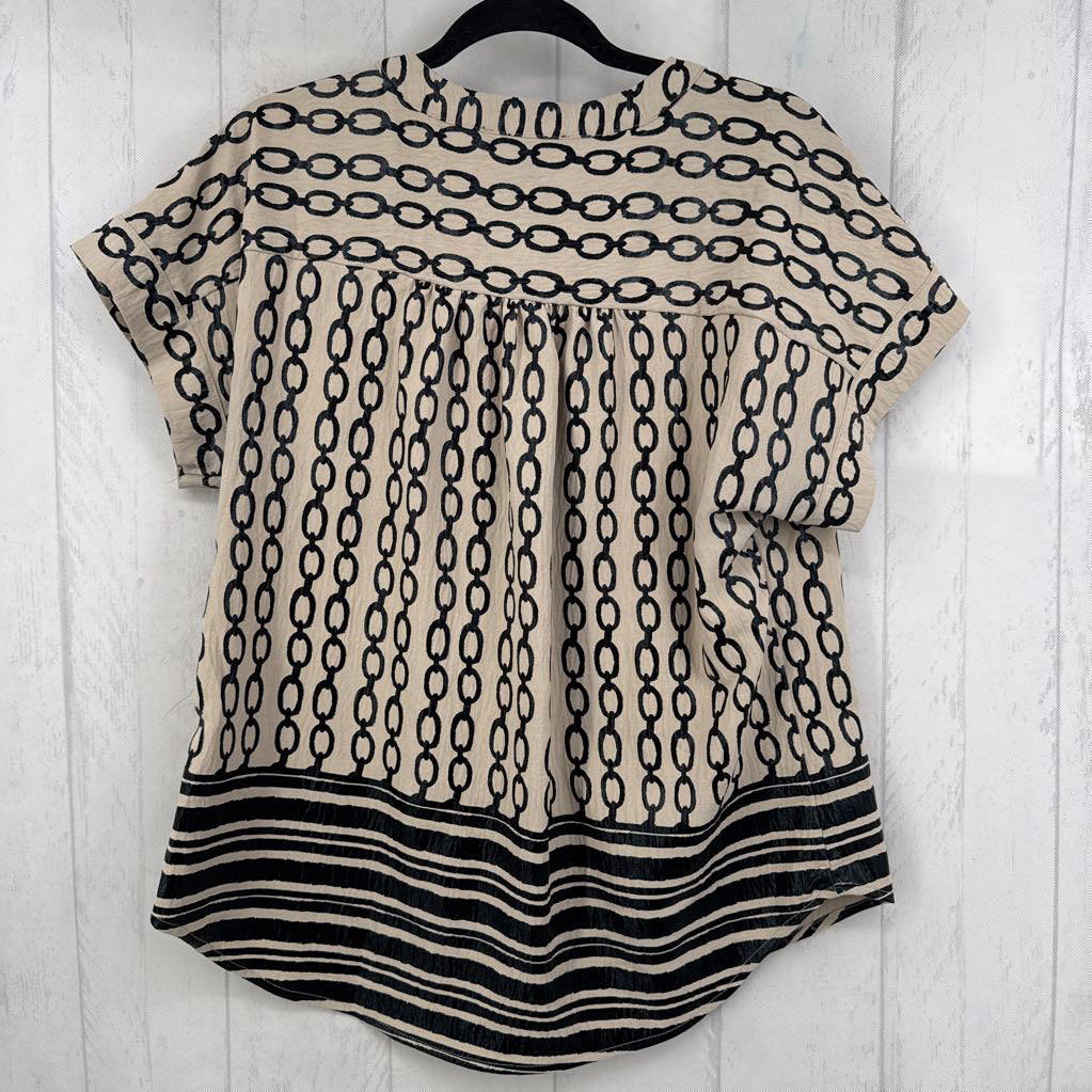 L mixed print 1/2 button down s/s top