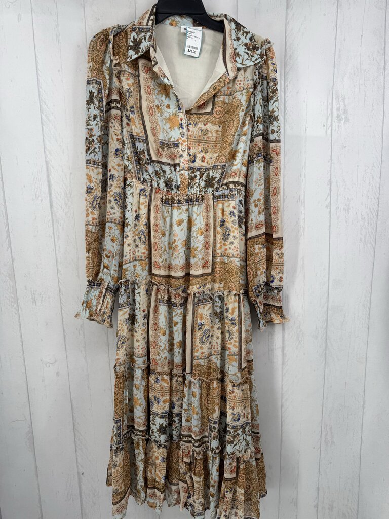 M printed tiered l/s dress