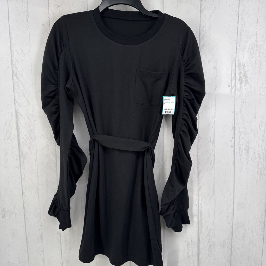 S ruched slv belted l/s dress