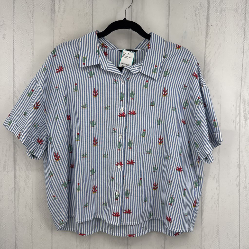 L striped & cactus print button down s/s top
