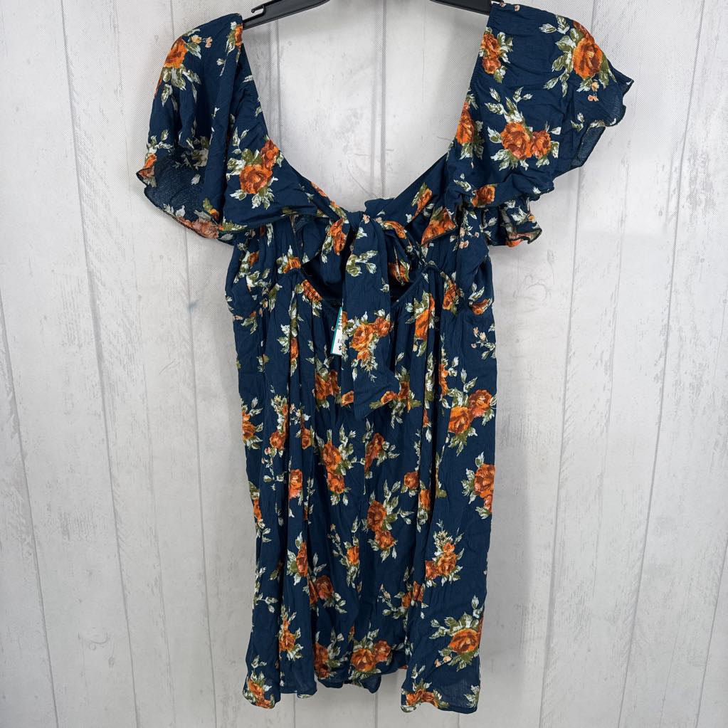 R74 XL flo print bow back flutter slv dress s/s