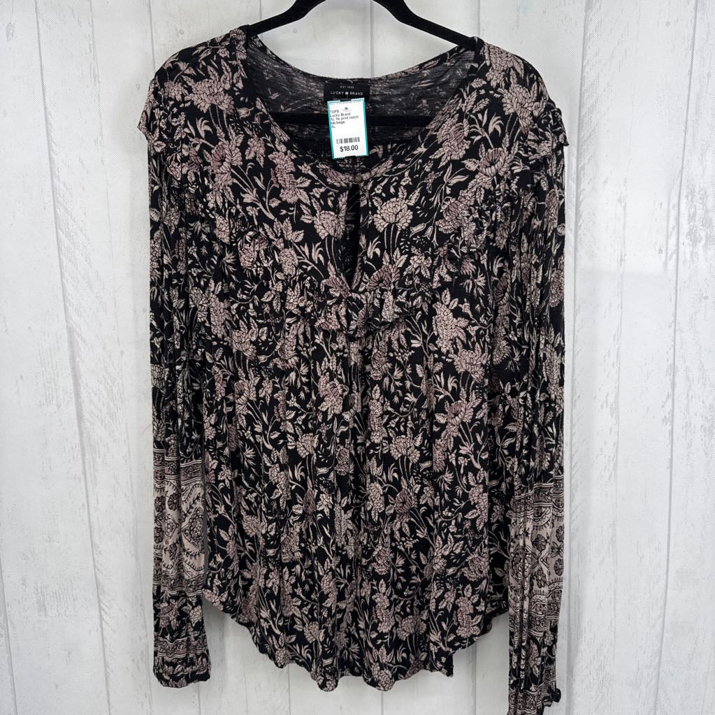 XL flo print notch neck l/s top