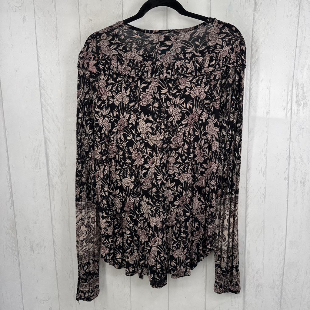 XL flo print notch neck l/s top