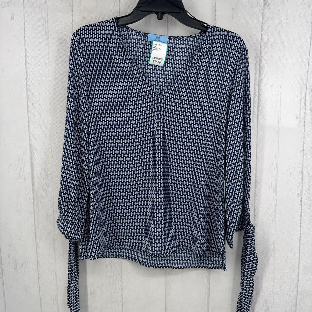 M tie 3/4 slv geometric print v-neck top