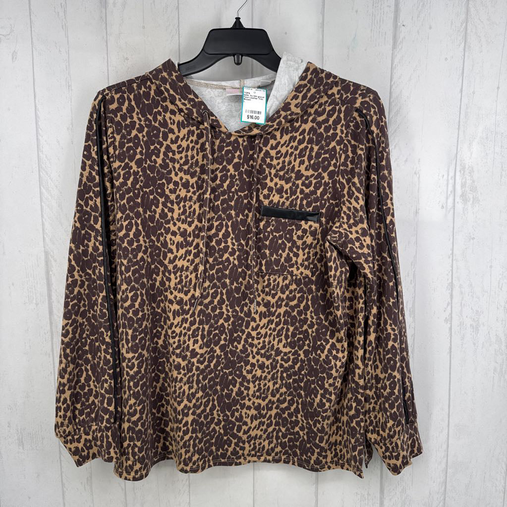 Faux Leather Trim Front Pocket Leopard Hoodie Shirt