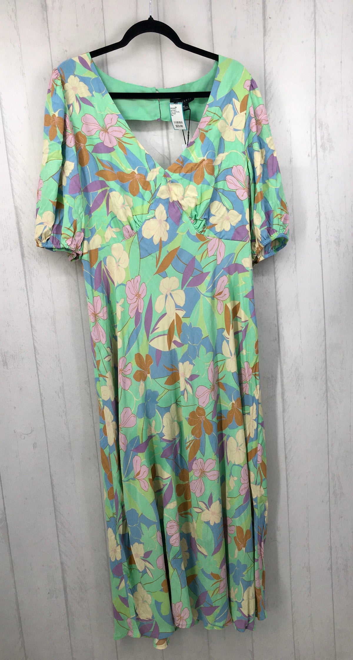 18w colorful flo print open back s/s dress