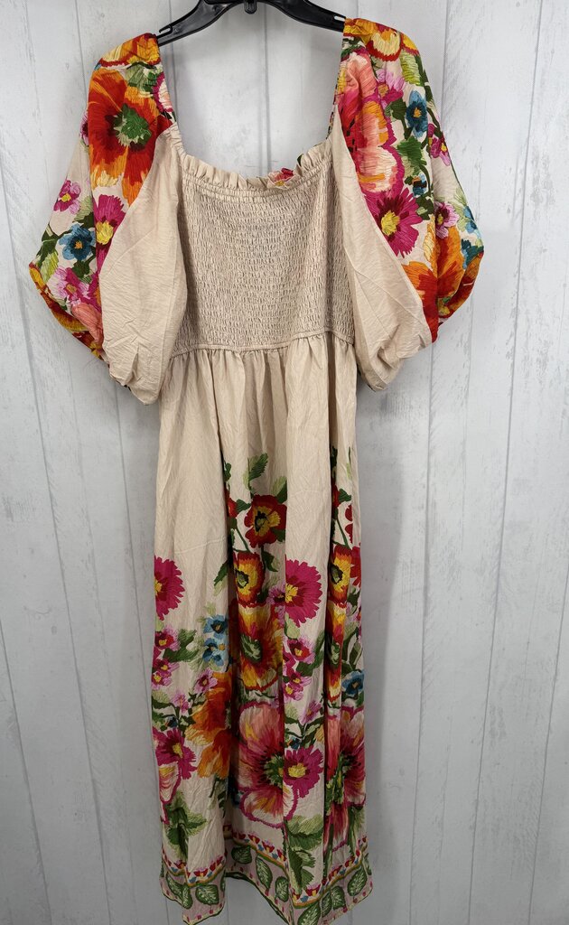 L smocked flo print s/s dres