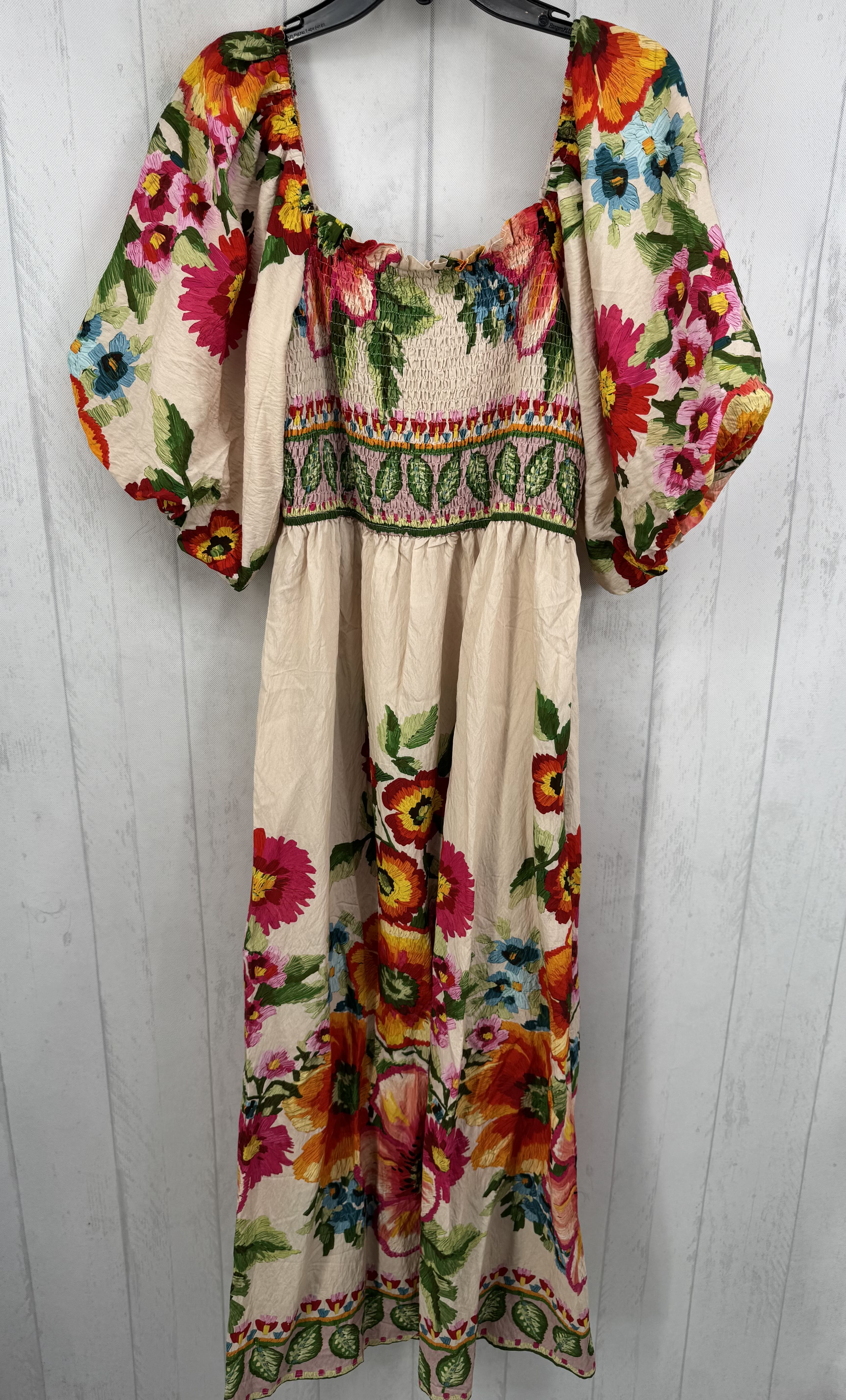 L smocked flo print s/s dres