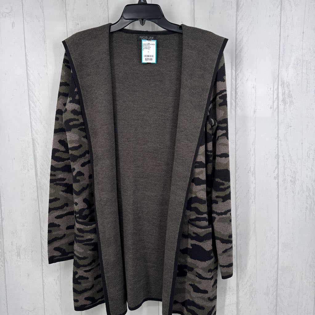 M camo print hooded open front cardi