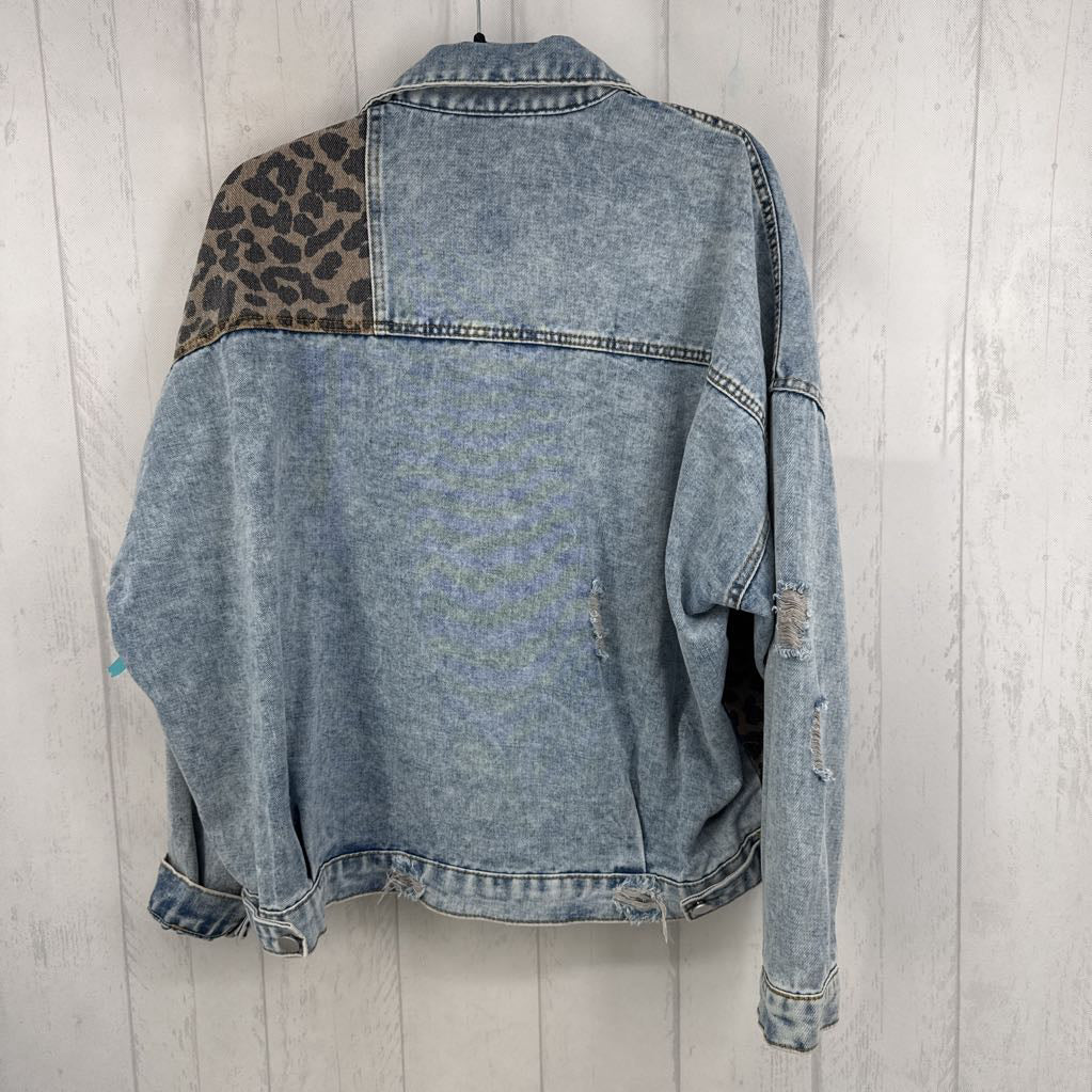 XXL l/s animal print distressed jean jacket