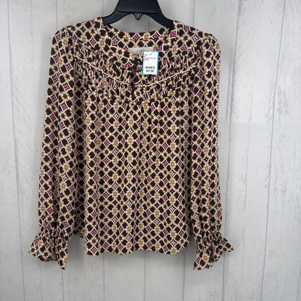 S printed smocked detail l/s top