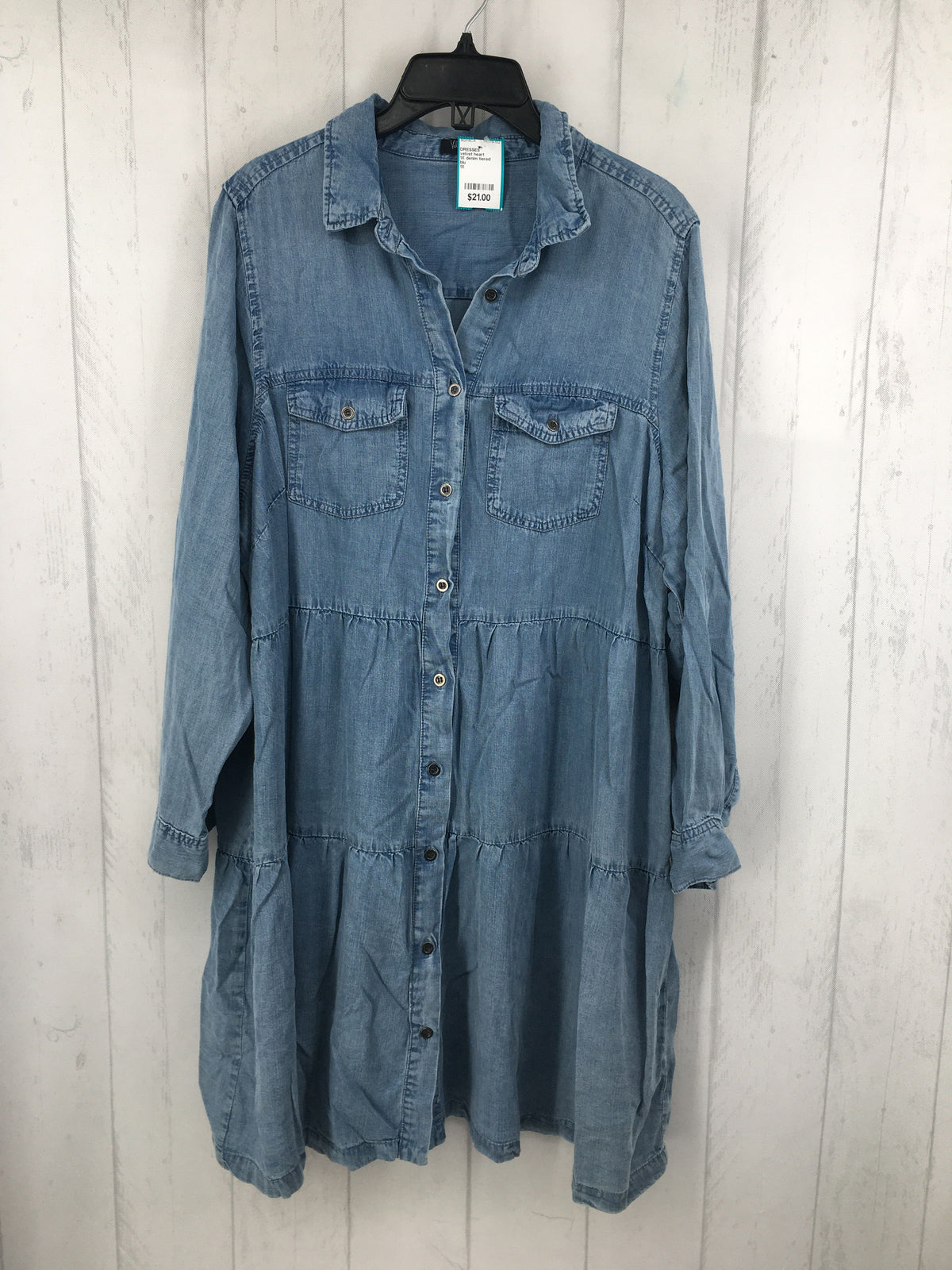 1X denim tiered button down l/s dress