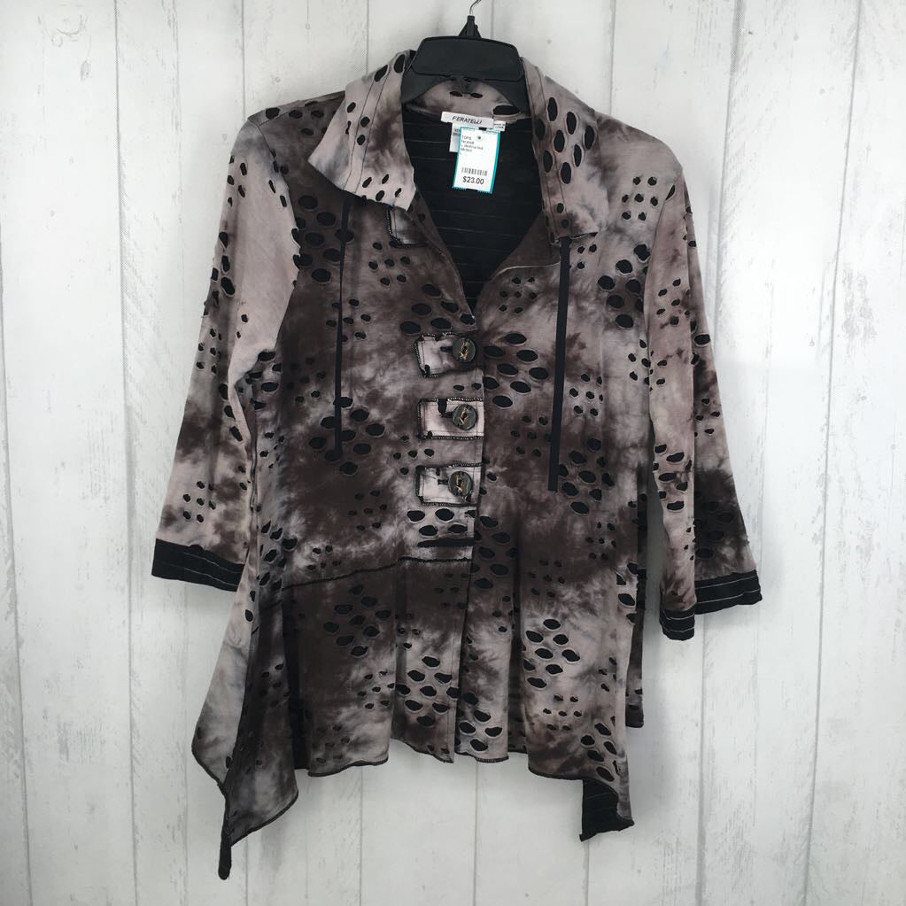 L destructed button front 3/4 slv top