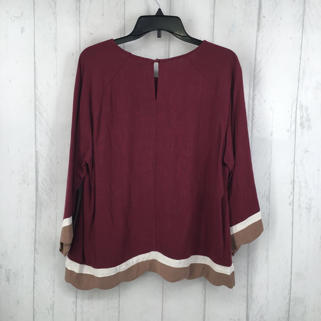 M linen scalloped colorblock 3/4 slv top