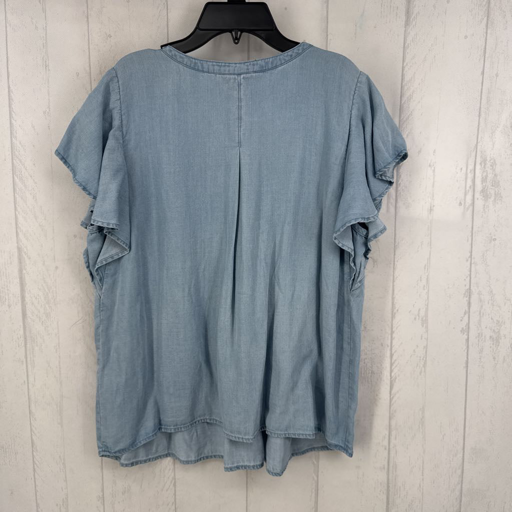 L denim smocked split neck s/s top