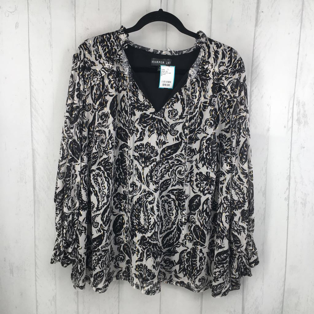 2X flo print split neck l/s top