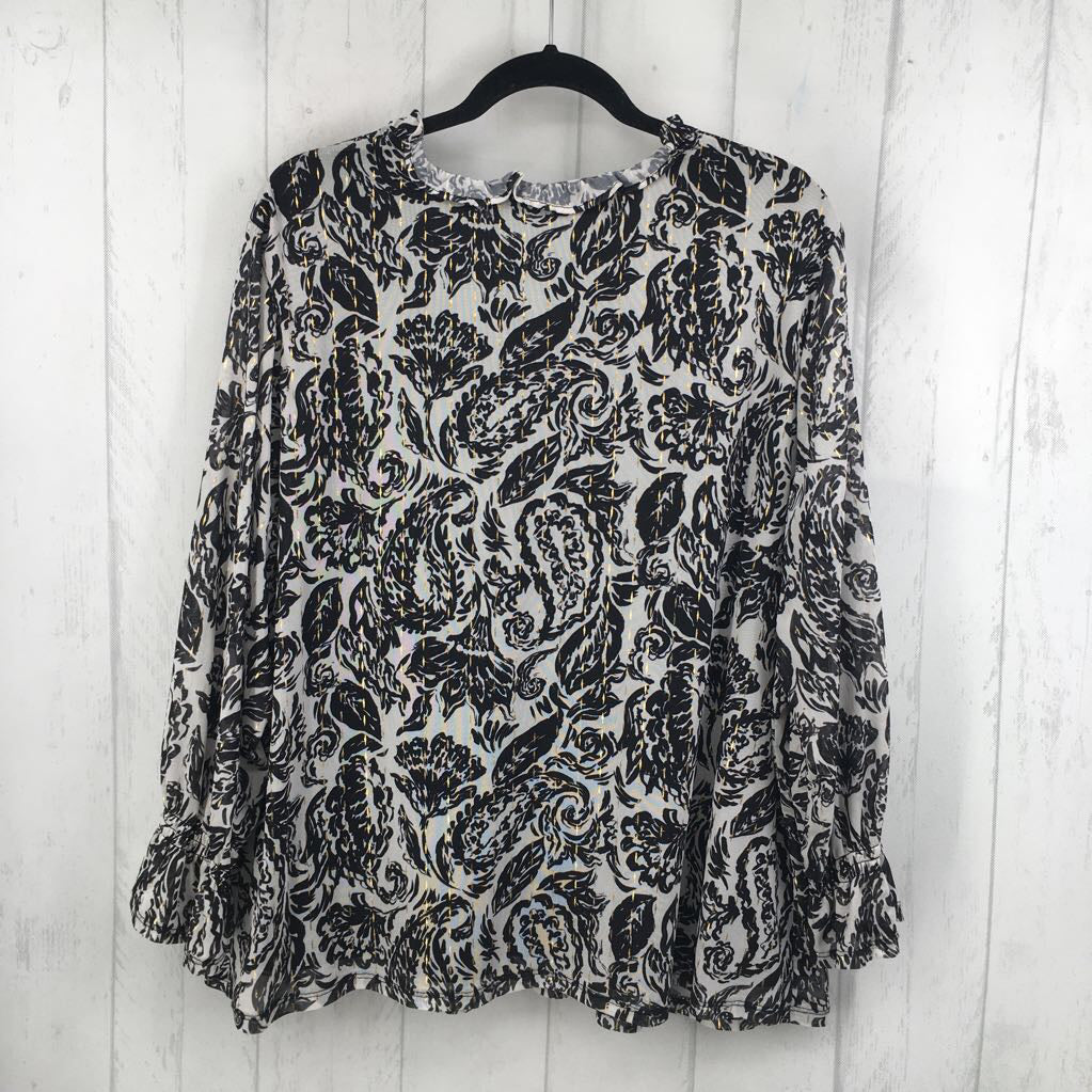 2X flo print split neck l/s top