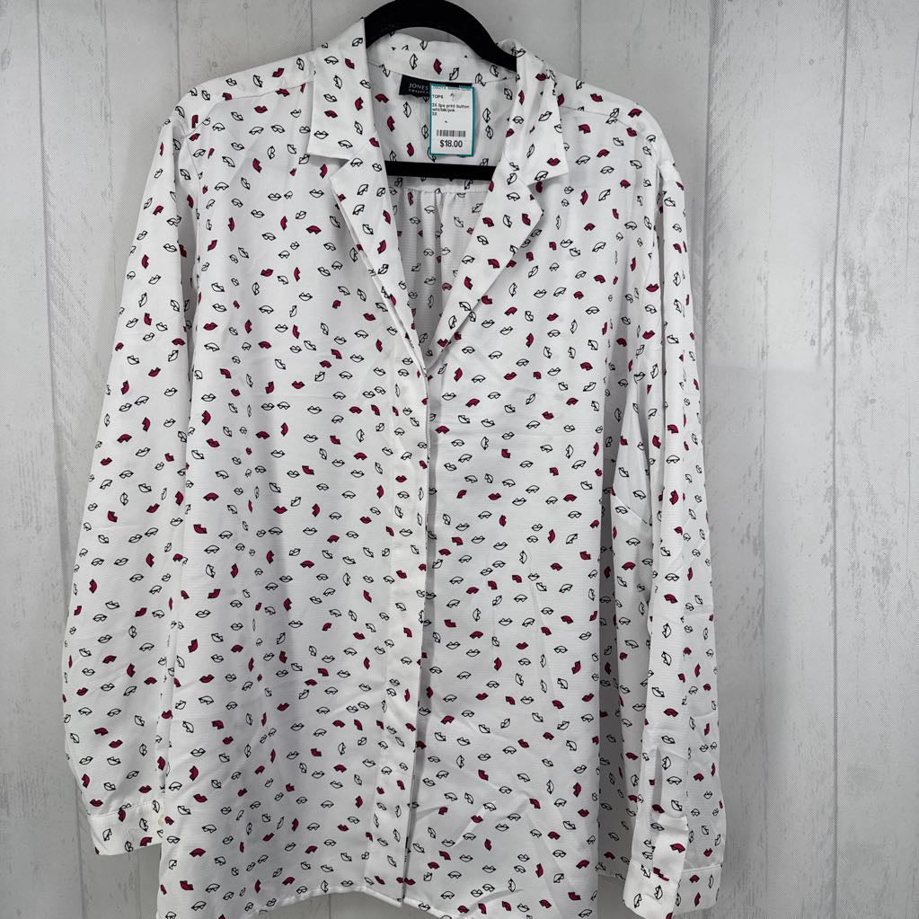 3X lips print button down l/s top