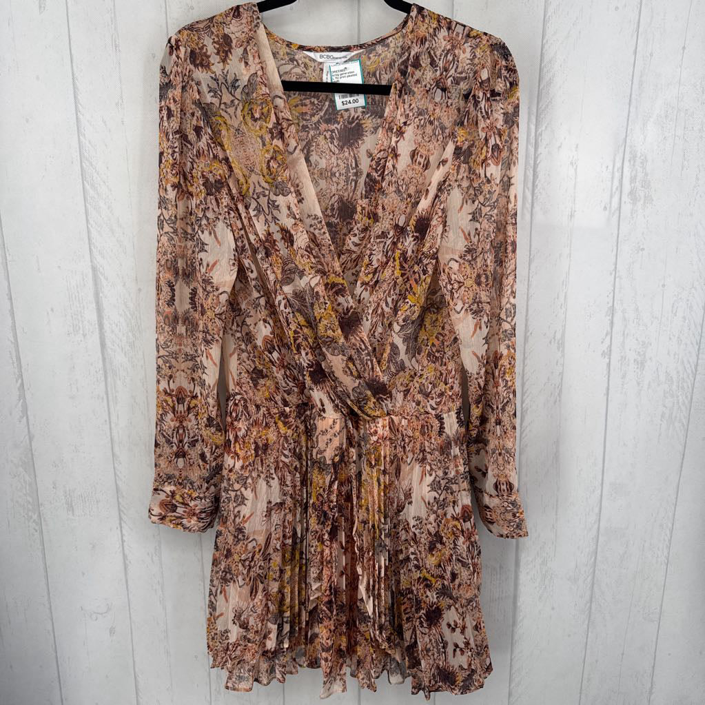 L flo print pleated crossover l/s dress