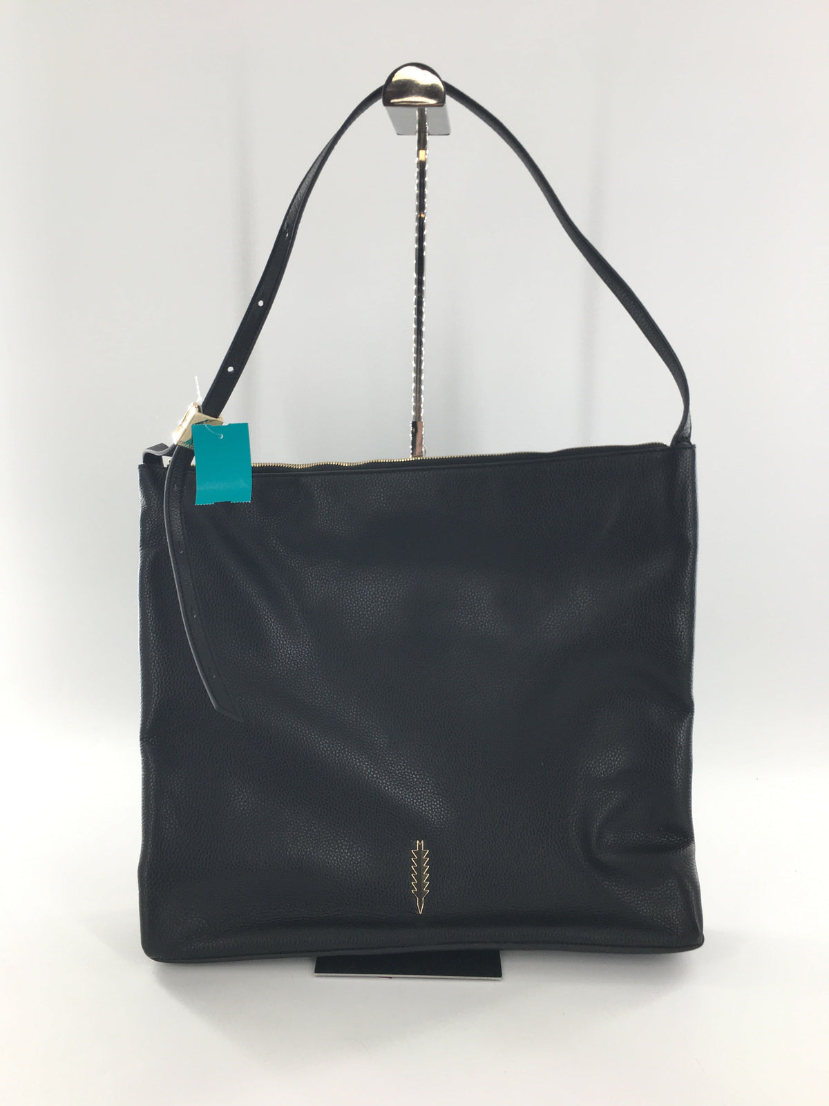 leather adjustable strap crossbody w/ gold tone feather emblem