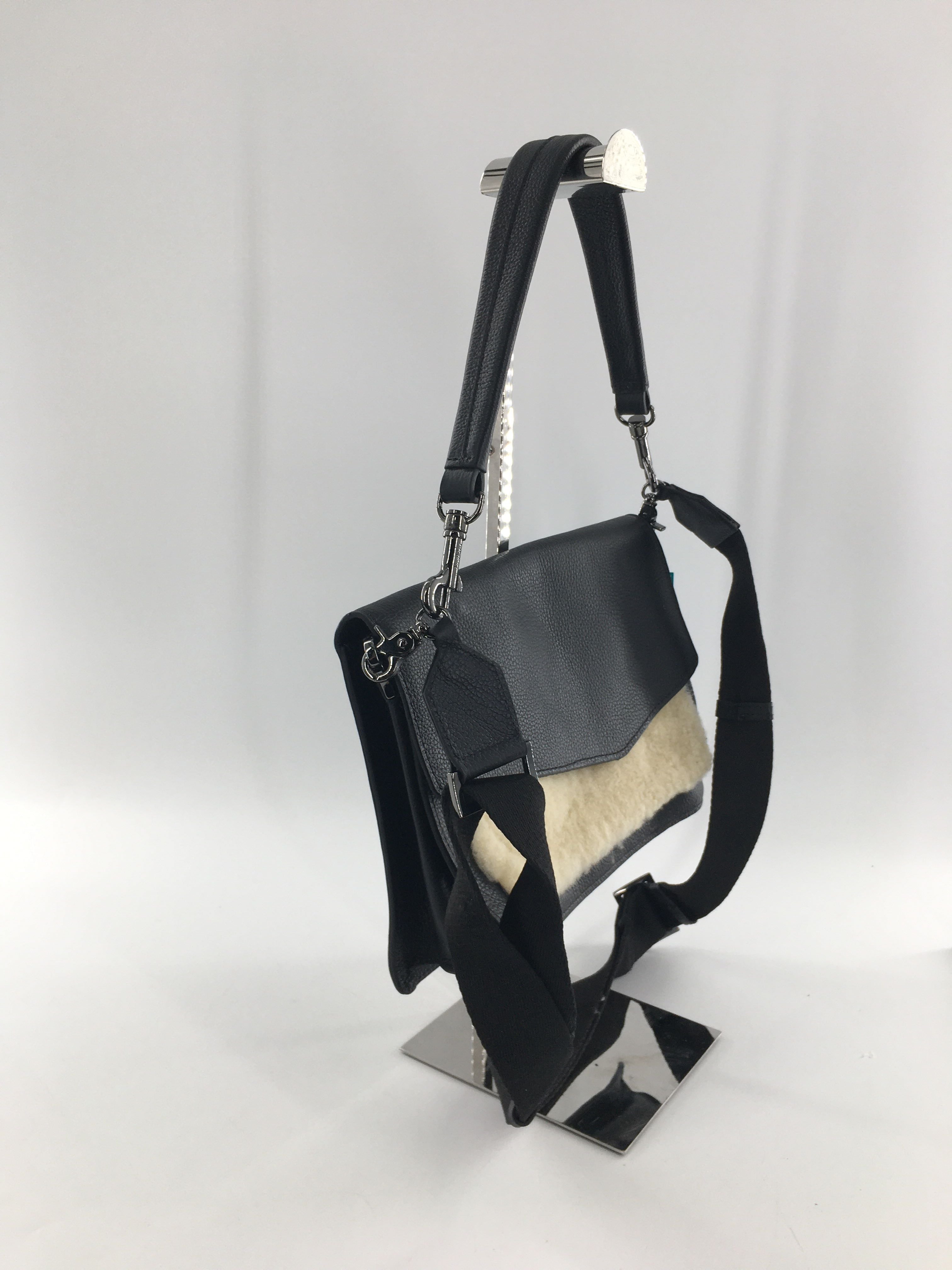 pebbled shearling front flap crossbody