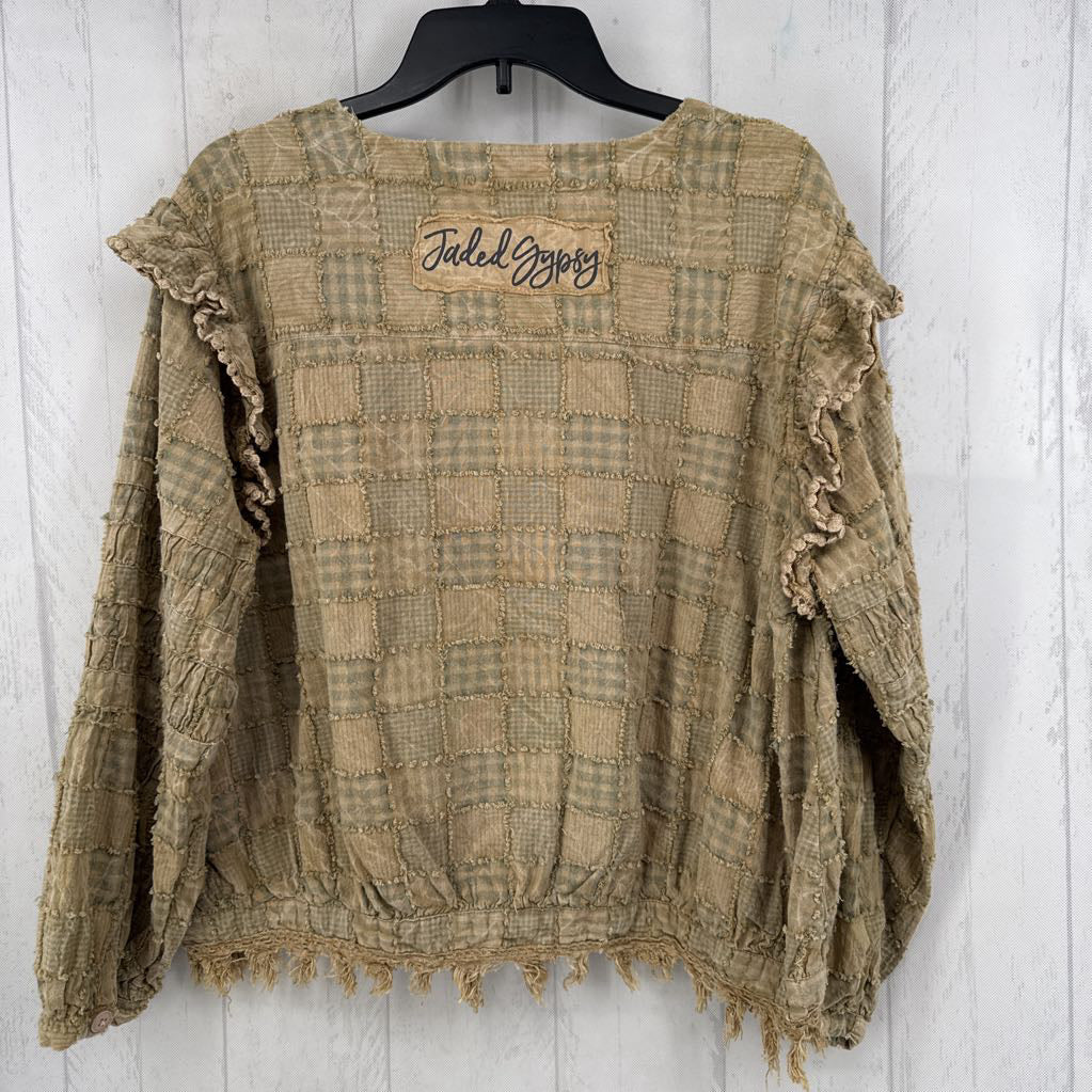 R180 L/XL button down mixed media l/s top