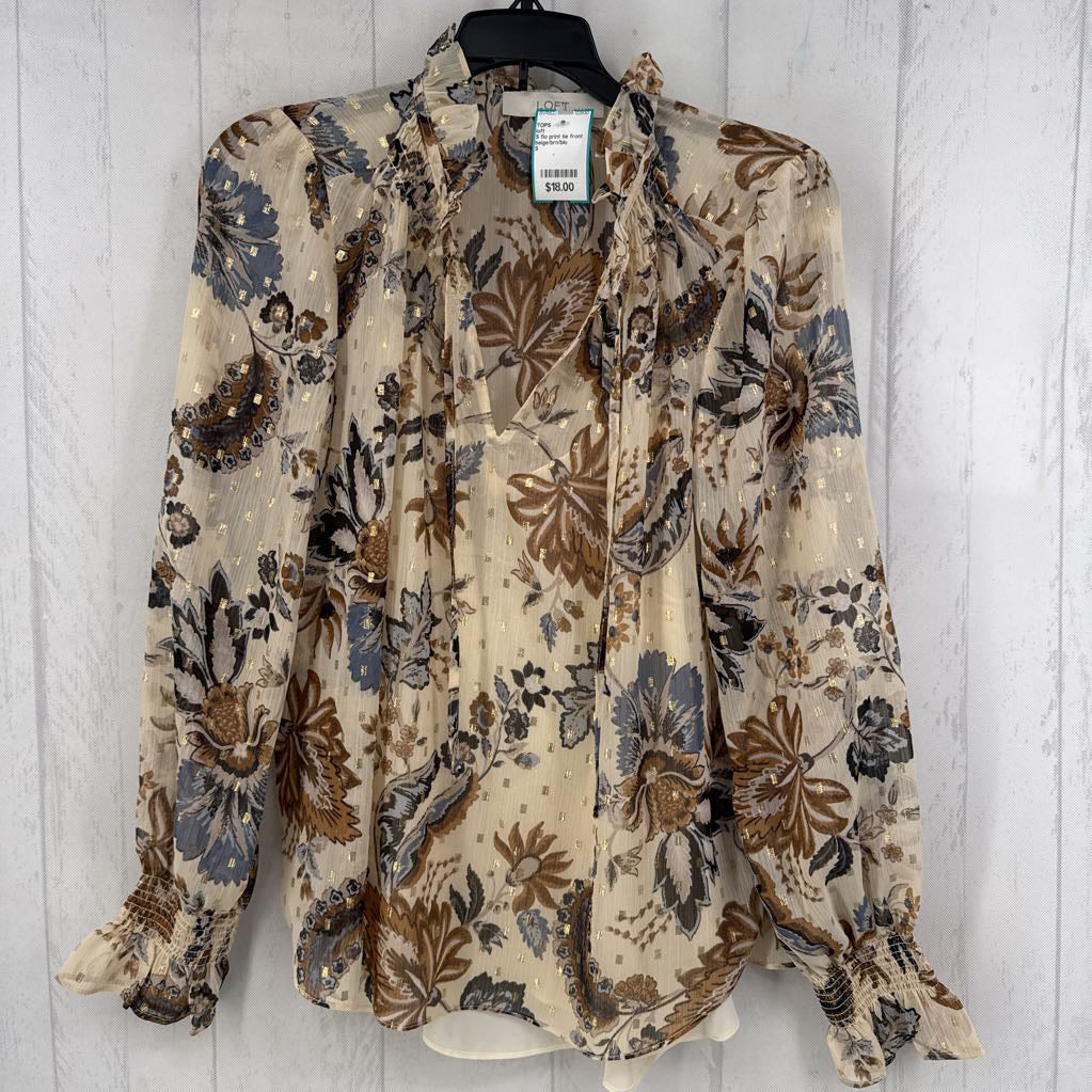 S flo print tie front l/s top