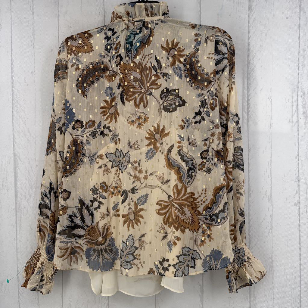 S flo print tie front l/s top