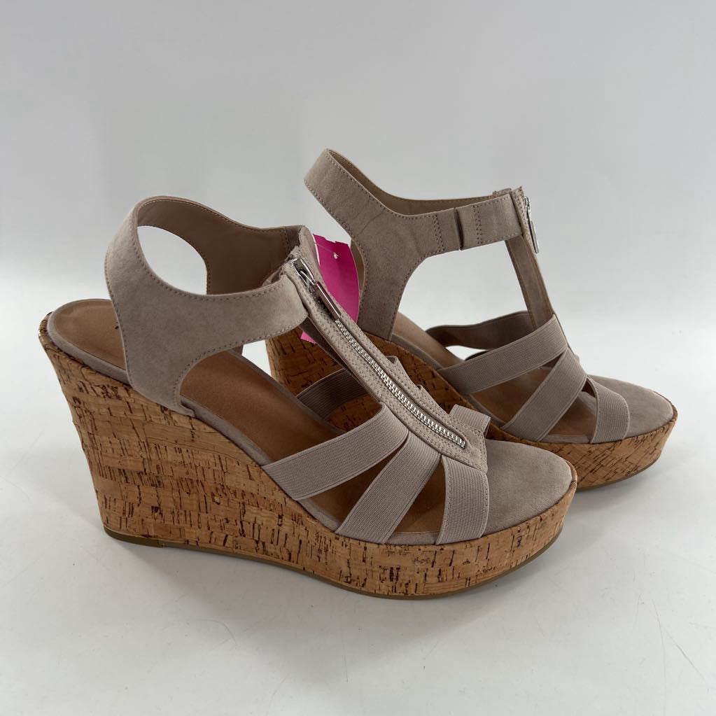 10.5ww front zip elastic cage straps cork platform wedge sandals