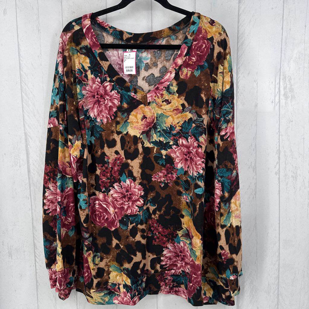 3X flo print v-neck l/s top