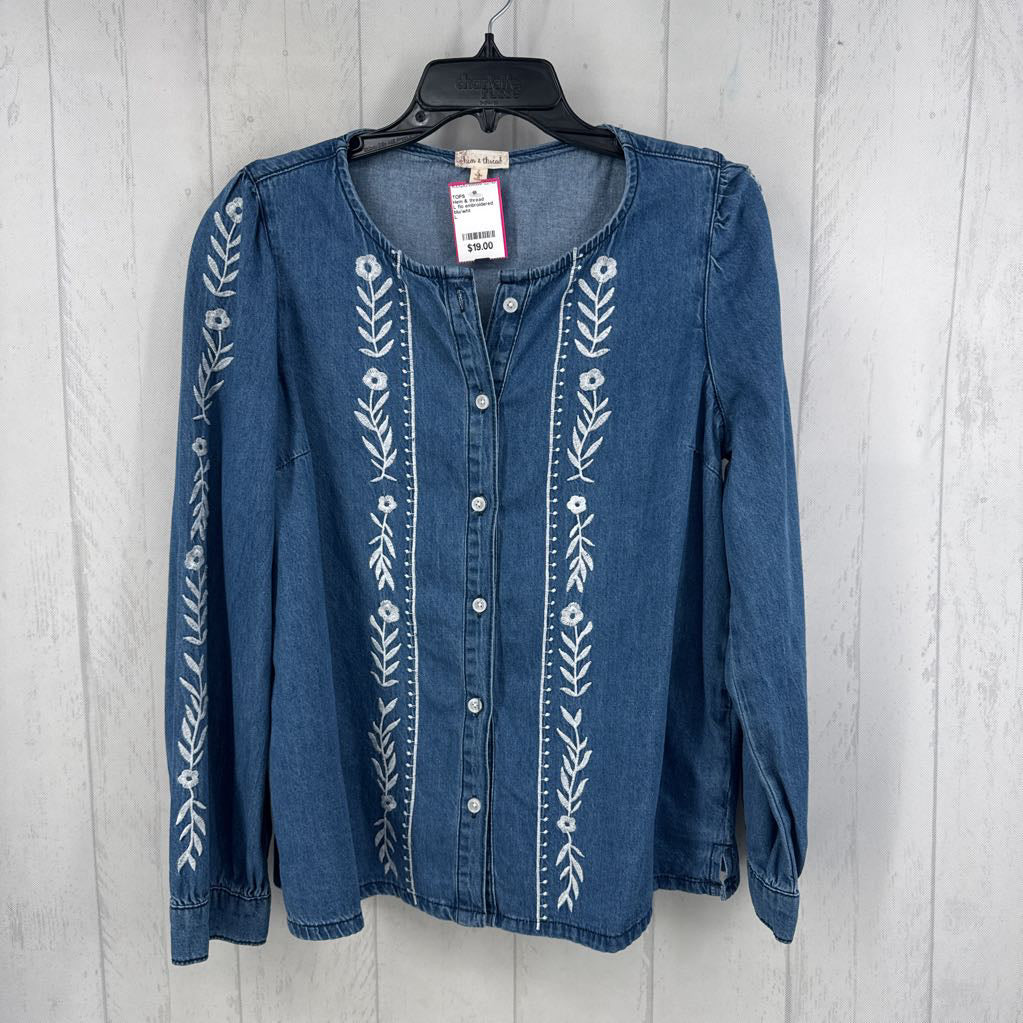 L flo embroidered button down l/s top