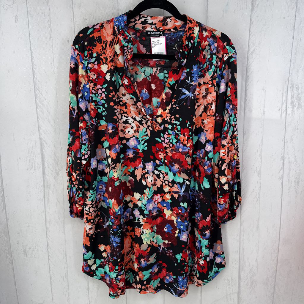 3X flo print split neck 3/4 slv top