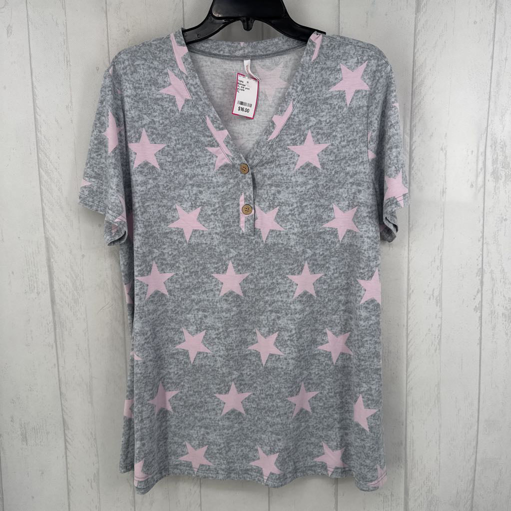 XL star print buttoned v-neck s/s tee