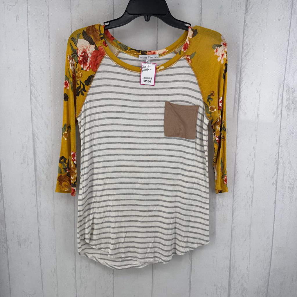 M striped & flo print 3/4 slv tee