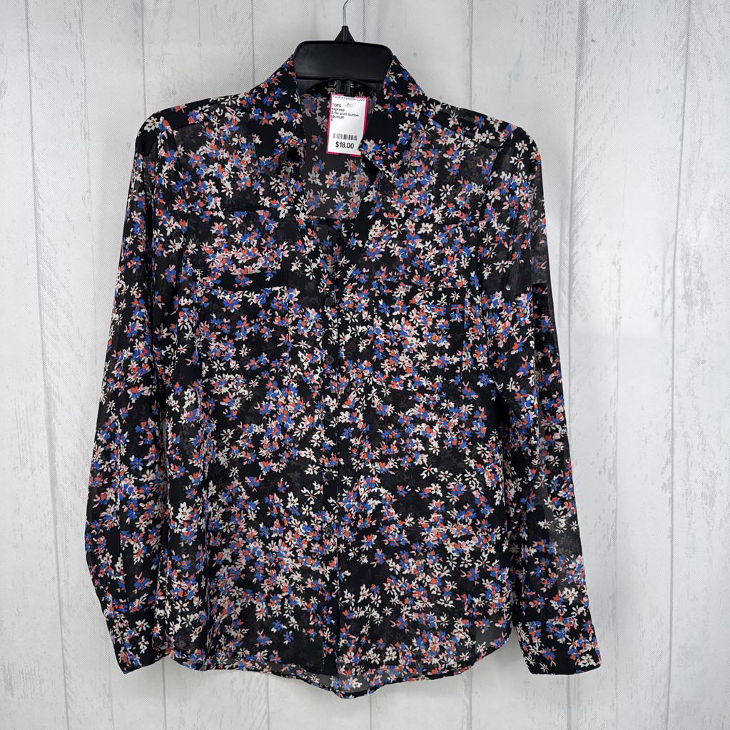 S flo print button down l/s top