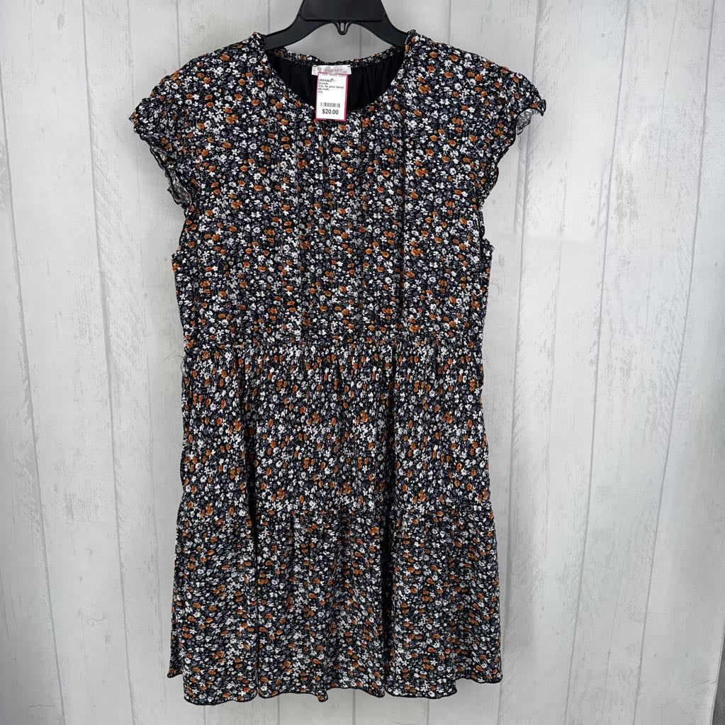 XXL flo print tiered cap slv dress